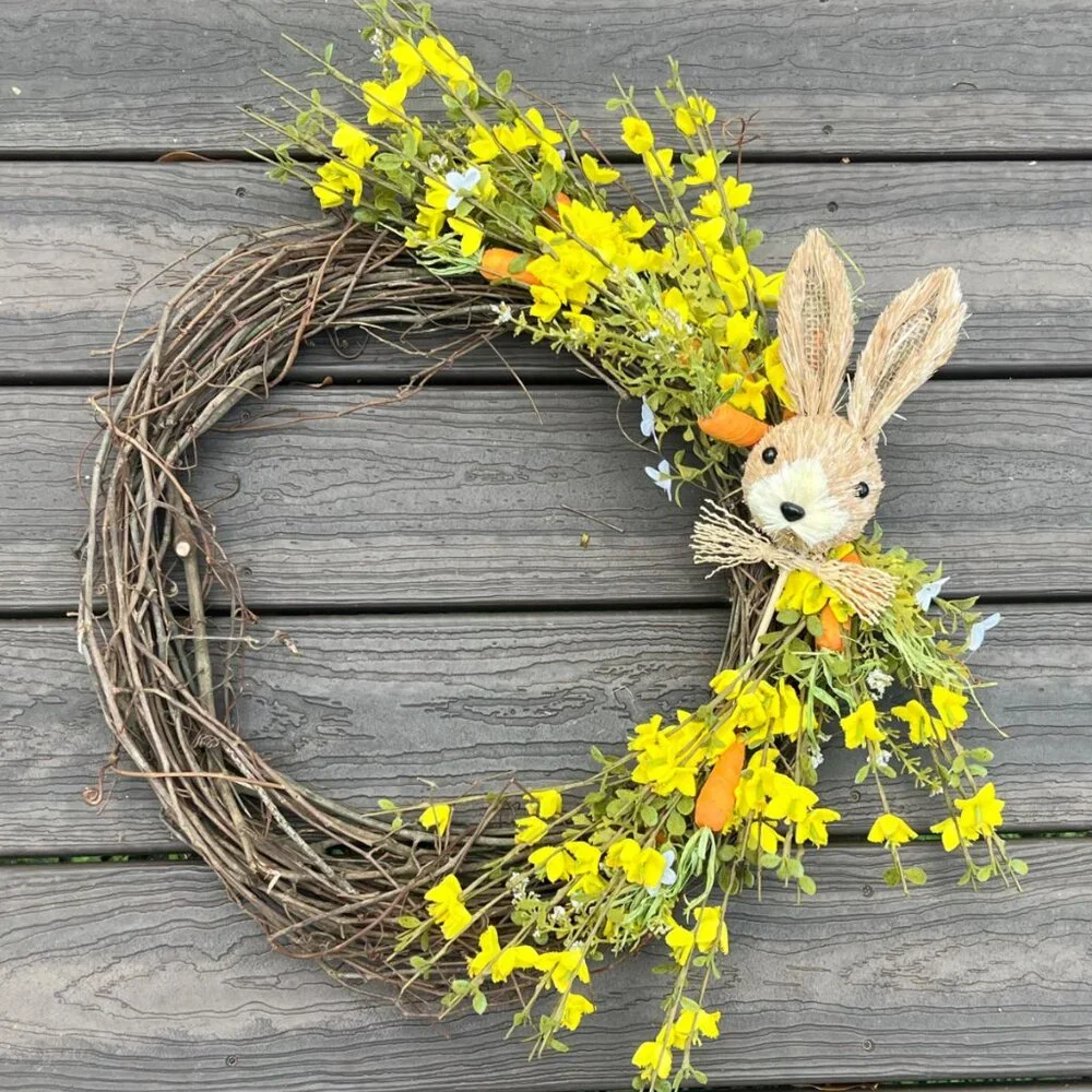 Spring Bunny Rafta Easter Wreath with Yellow Flowers with Carrots Home Decor
